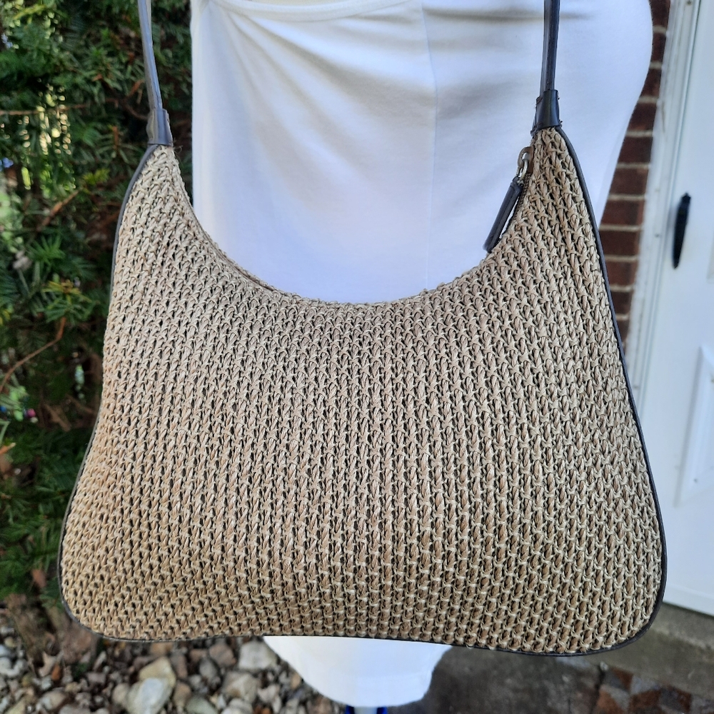 Vintage Y2K Nine West Woven Hobo Shoulder Bag Purse Taupe Retro Boho - Picture 5 of 12